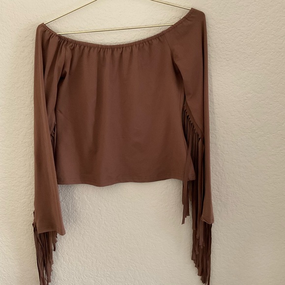 New SHEIN Brown Off-Shoulder Fringe Blouse - Picture 5 of 7